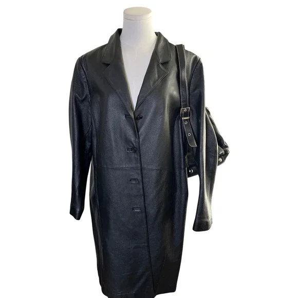 Minimalist Leather Trench‎ Coat Black Longline Lightweight Quiet Luxury Women L